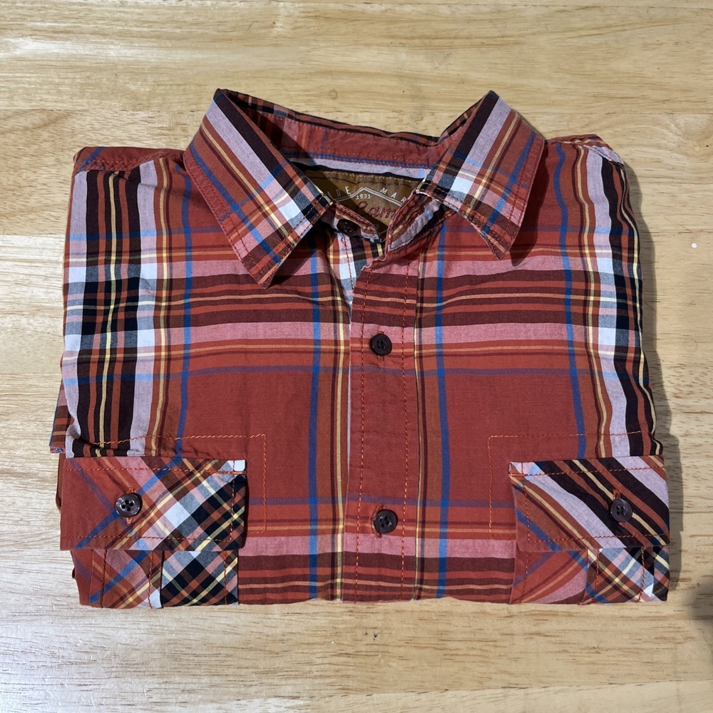 Red Camel Shirt Mens XL Long Sleeve Red Yellow Blue Plaid Pockets Button Up